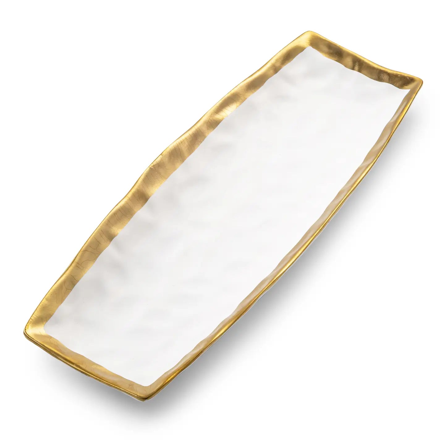 White Porcelain Oblong Tray with Gold Rim 15.5”L x 6”W