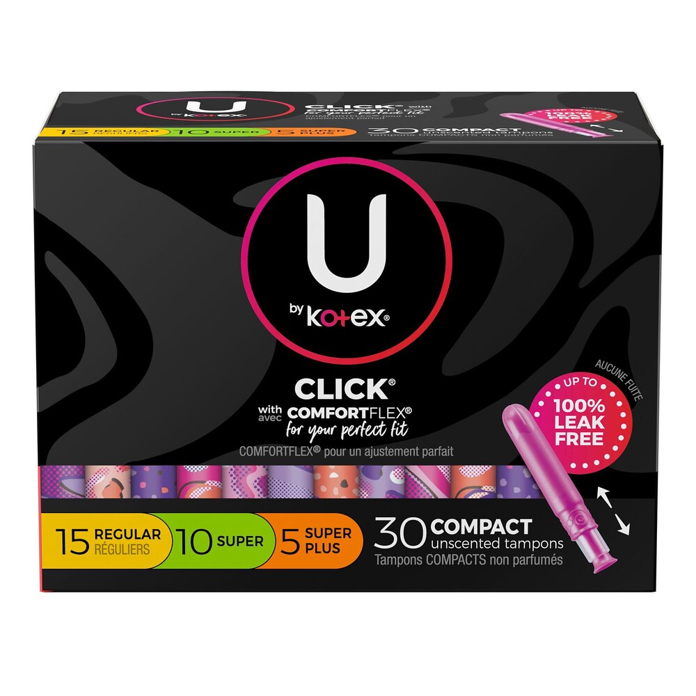 U By kotex Click Compact Unscented Tampons, 30 R, 10 S, 5 S+, 30 Ct