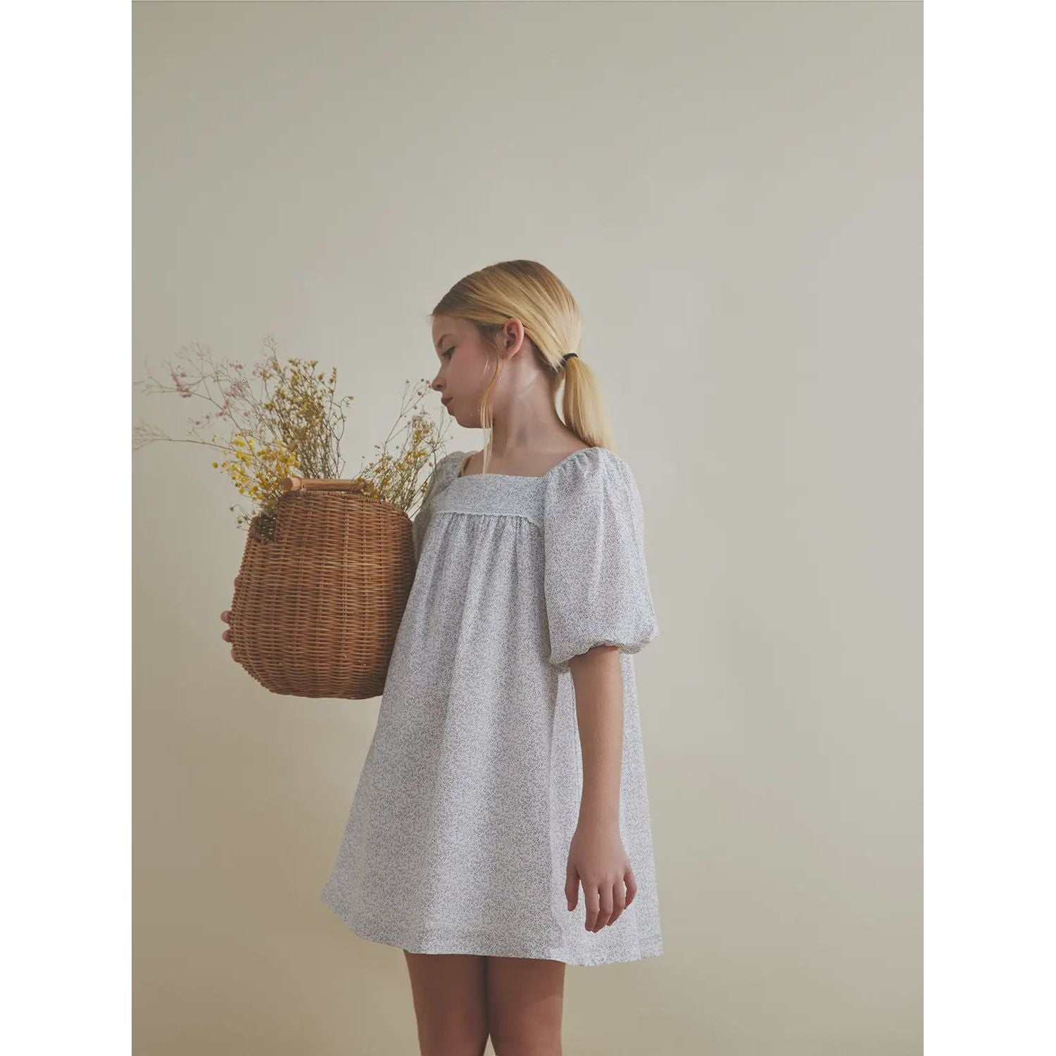 Dadati Girl's White Dress with Grey Leaf Print