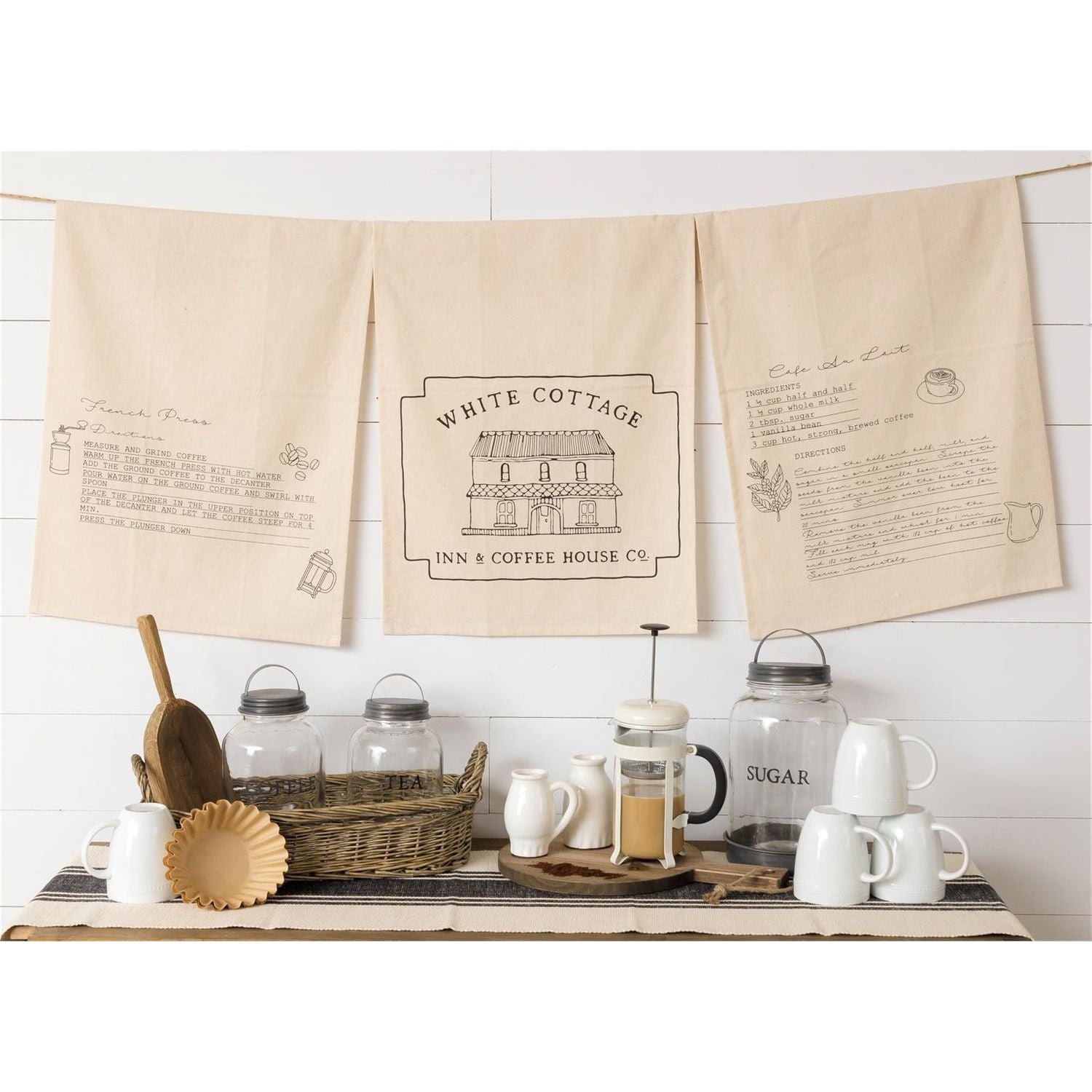 White Cottage Coffee Tea Towels (PK/3 AST)