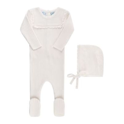 Feltman Brothers Scallop Trimmed Rib Knit Romper & Bonnet 6/9M / Ivory