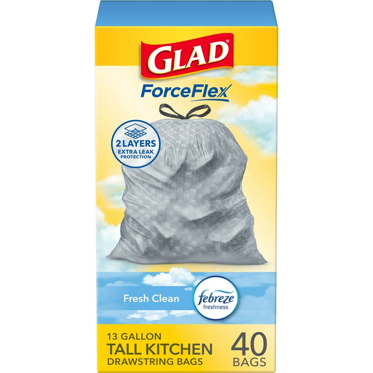 Glad Forceflex With Febreze Fresh Clean 13 Gallon Kitchen Garbage Bags, 40 Ct