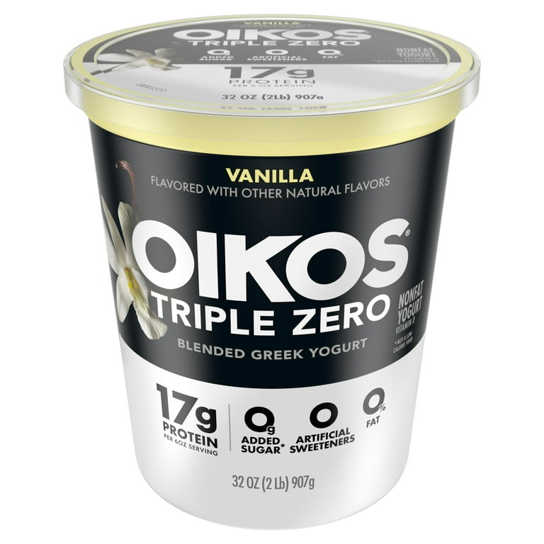 Oikos Triple Zero 17g Protein, 0g Added Sugar, Fat Free Vanilla Greek Yogurt Tub, 32 Oz