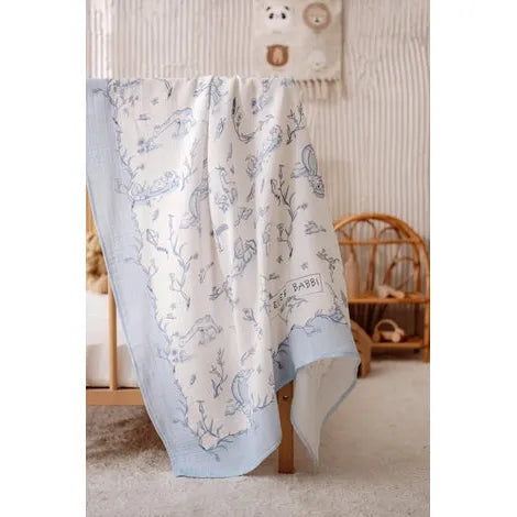 Atelier Babbi Double-Layer Muslin Blanket - Toile De Jouy/Blue | 39.3” x 39.3”