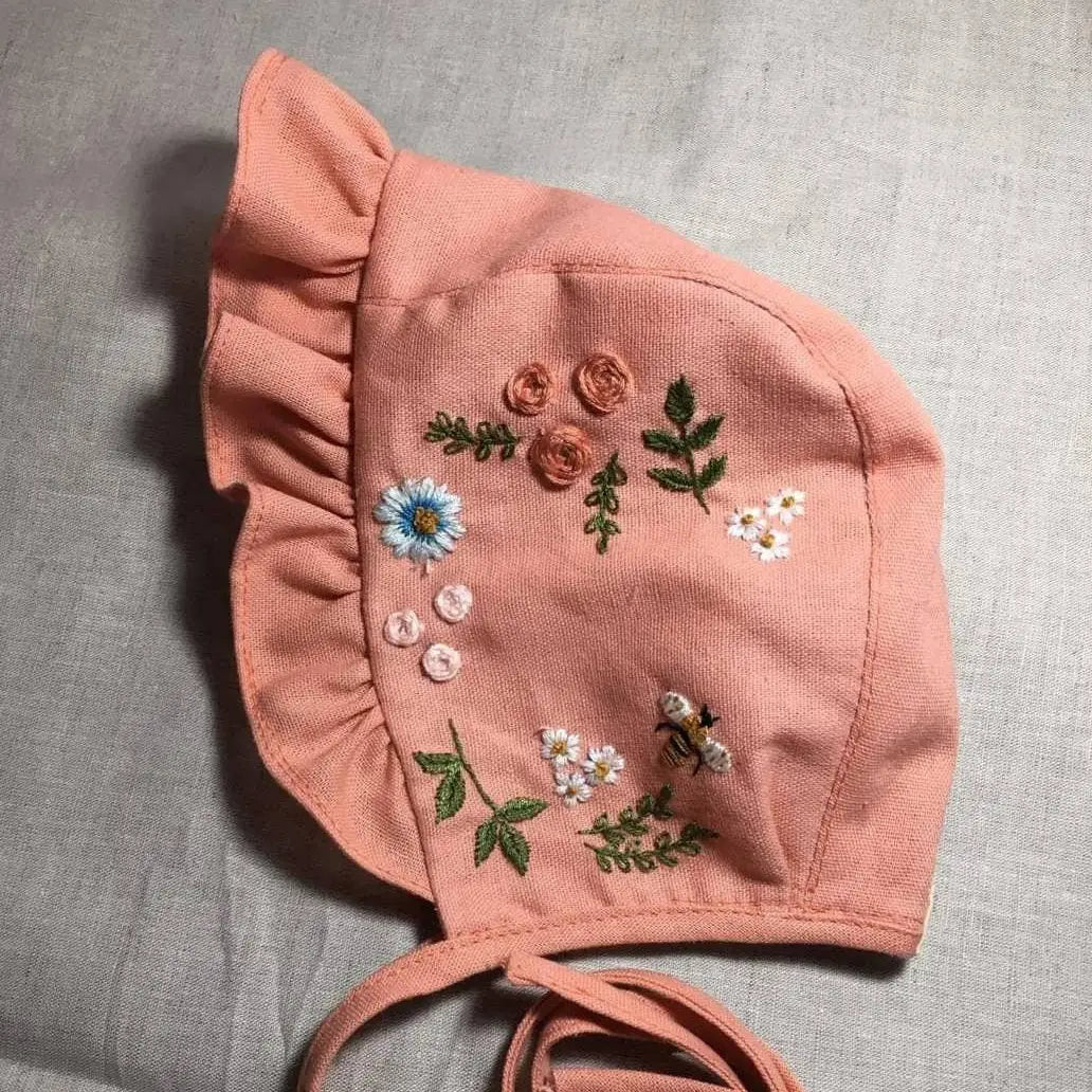 Quince Fables Embroidered Baby Bonnet Vivian Flower Garden