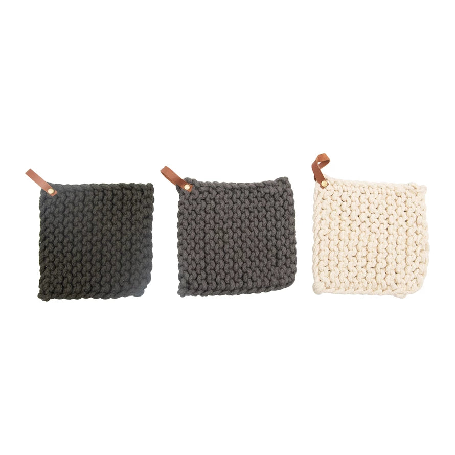 Crocheted Pot Holder with Leather Loop, 3 Colors