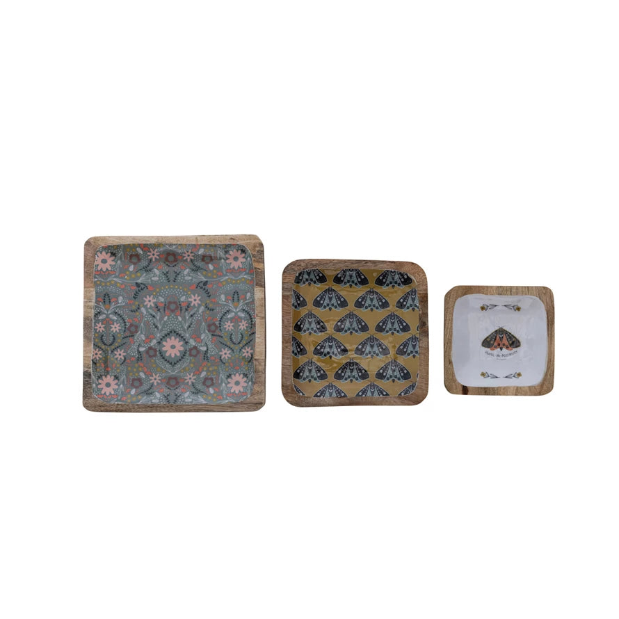 Enameled Mango Wood Trays w/ Moths & Florals, Multi Color, Set of 3