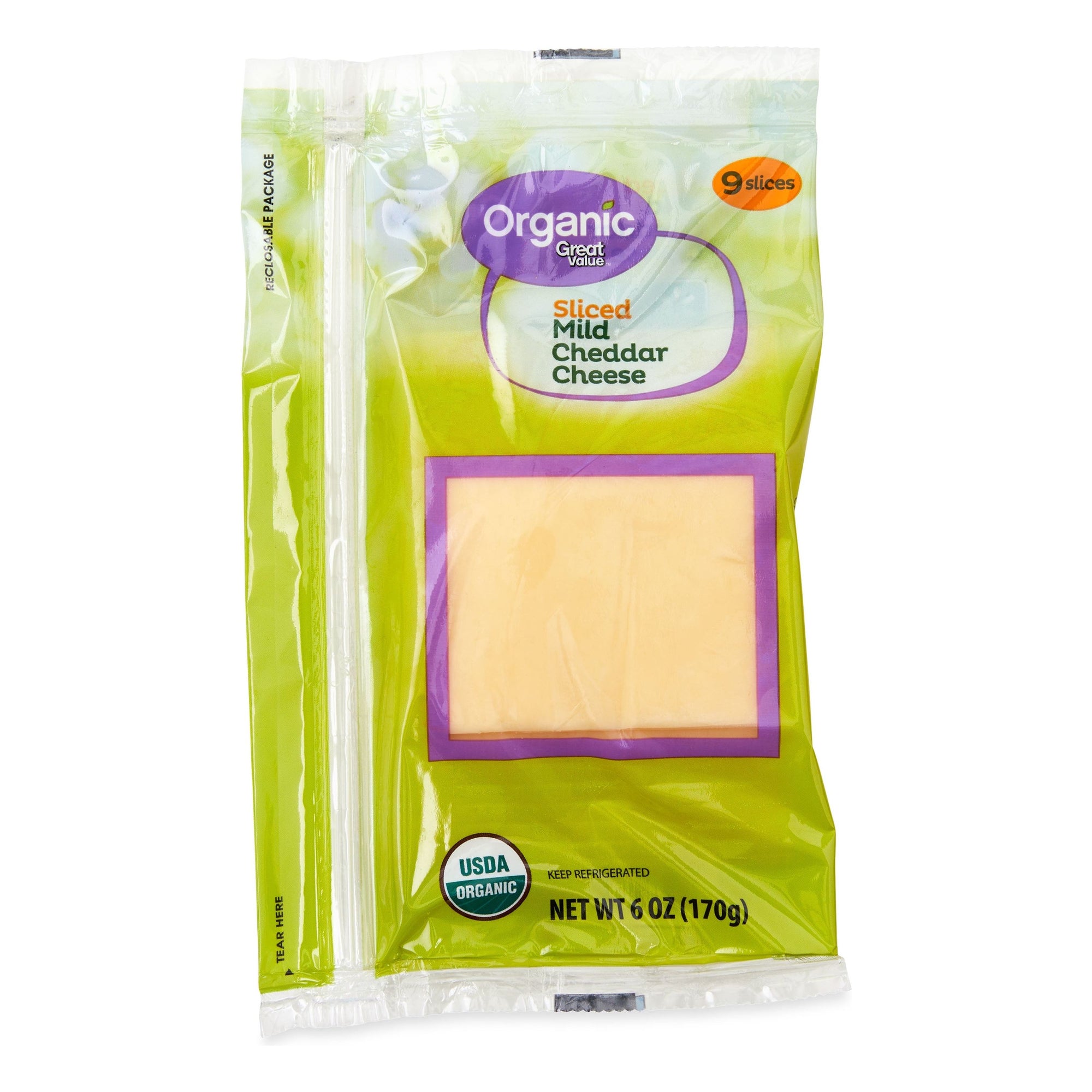 Organic Great Value Sliced Mild Cheddar Cheese, 6 Oz