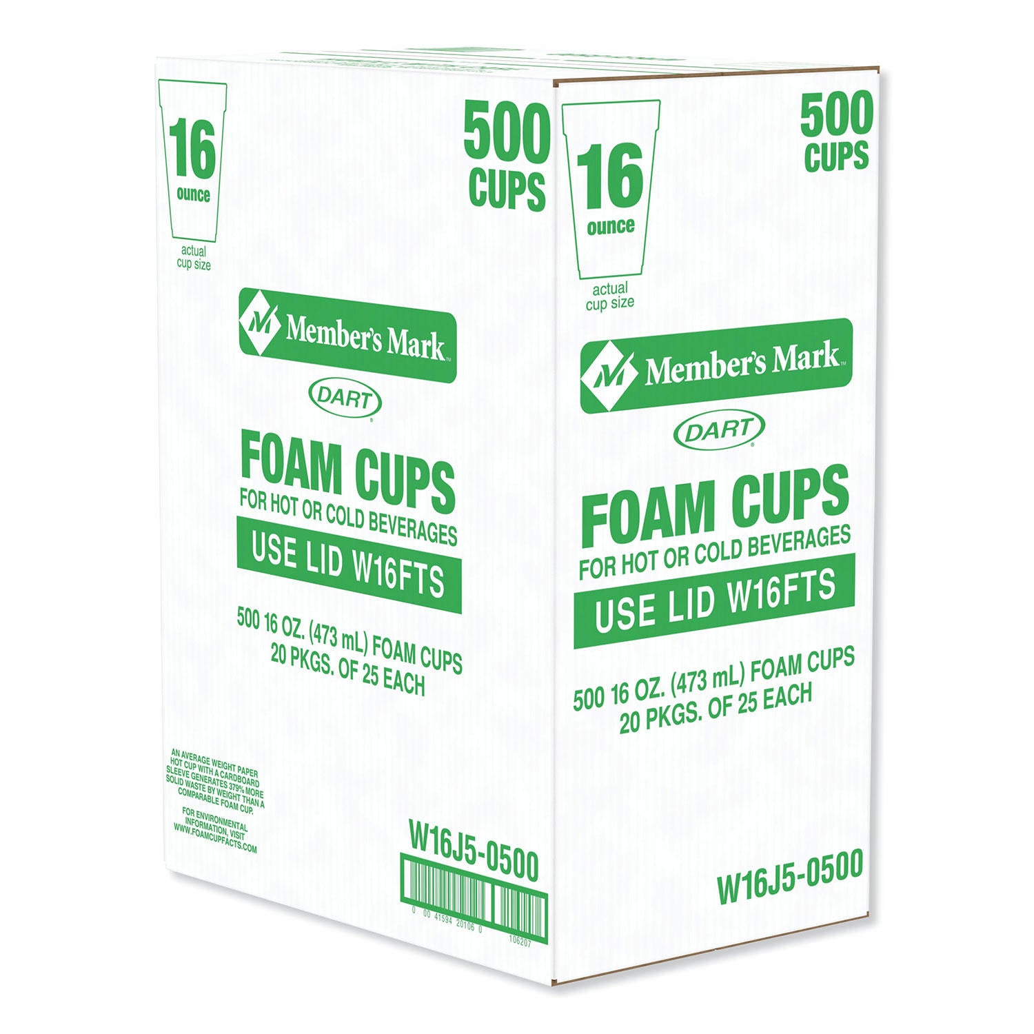 Member's Mark by Dart®Tall Foam Cups for Hot & Cold Beverages, 16 Oz, 500 Ct, 1 Case