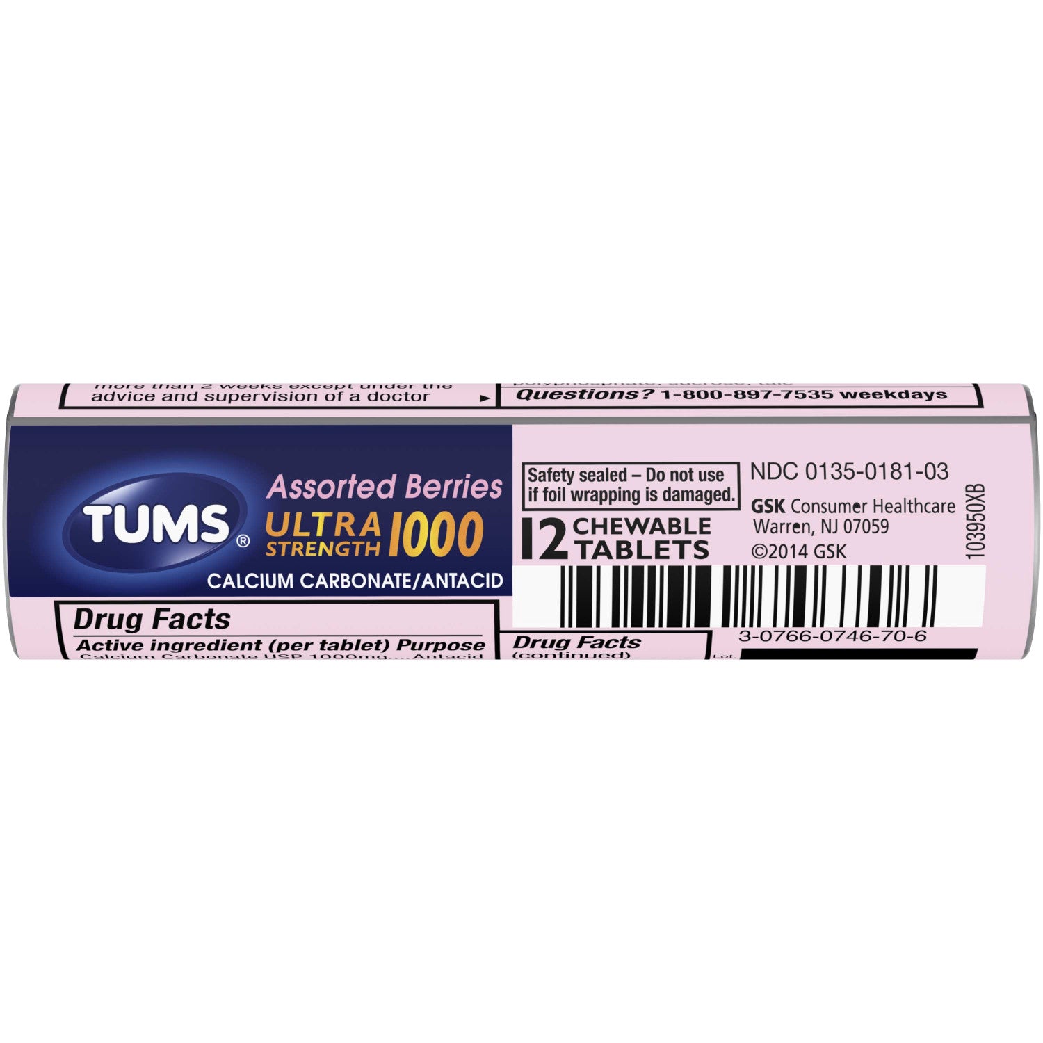 Tums Antacid Chewable Tablets for Heartburn Relief Ultra Strength Assorted Berries, 12 Tablets