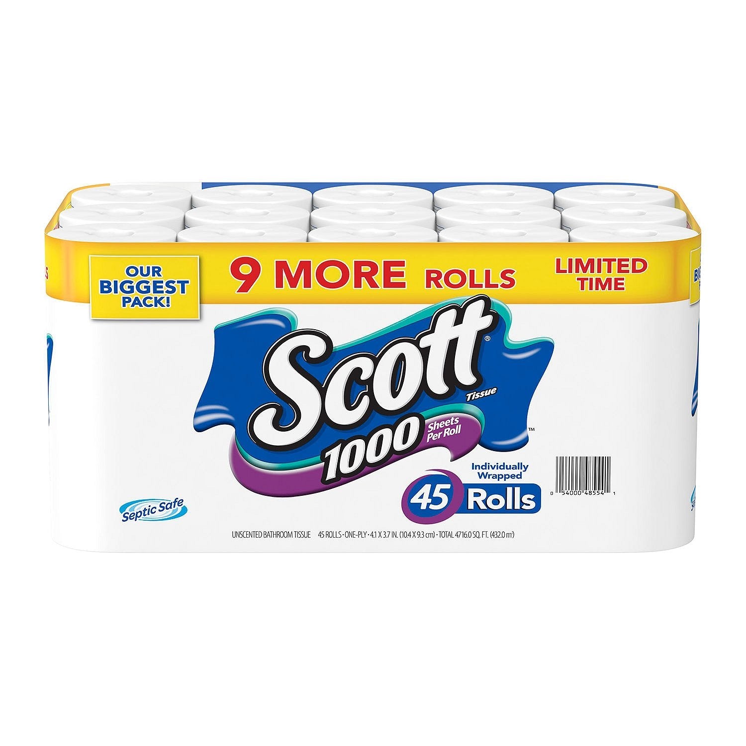 Scott Unscented Toilet Paper, 1-Ply, 45 Ct, 1 Case