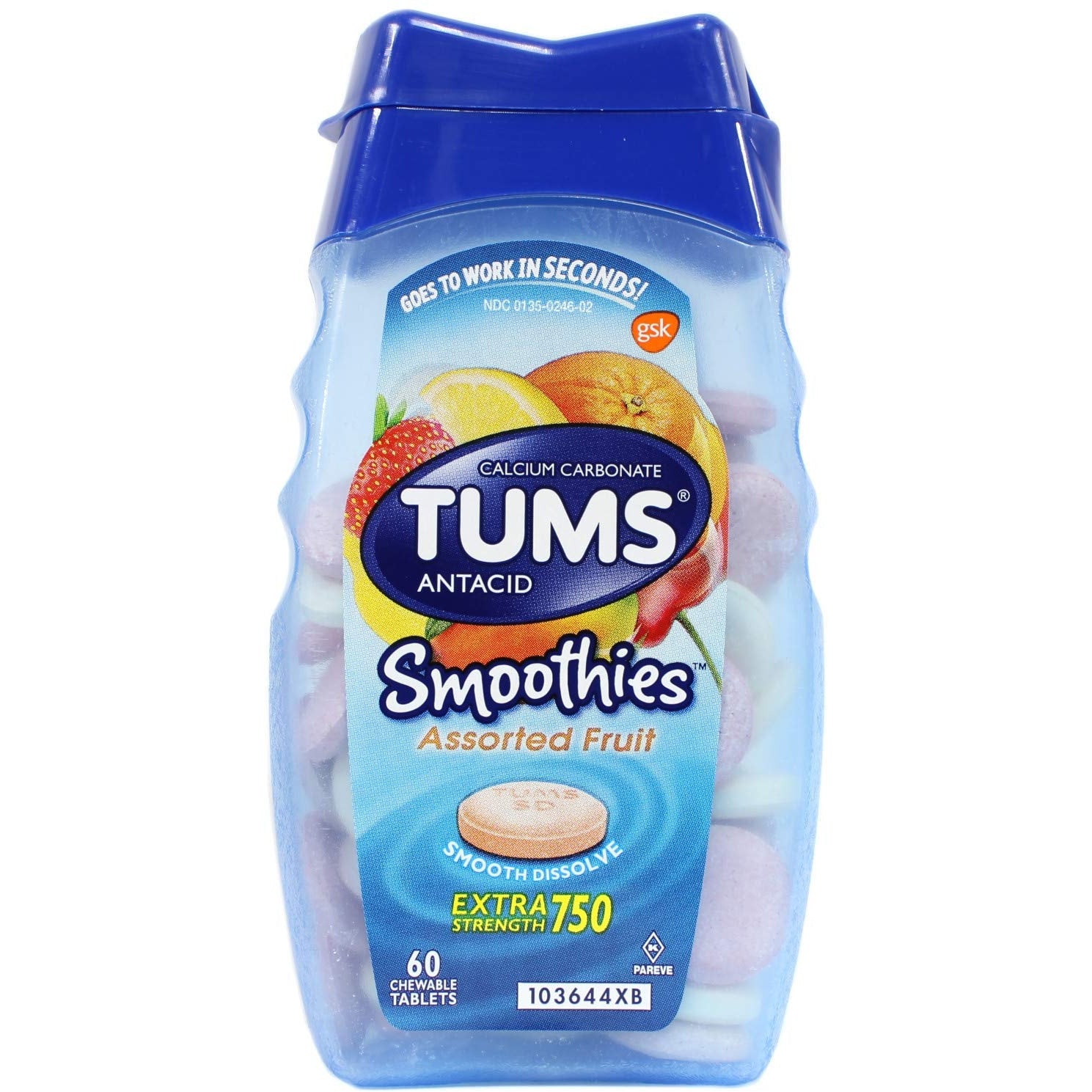 Tums Smoothies Chewable Extra Strength Assorted Fruit, 60 Ct