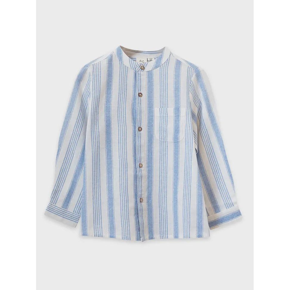Beet World Mandarin Collar Shirt - Ocean Stripe | 7-8 Y