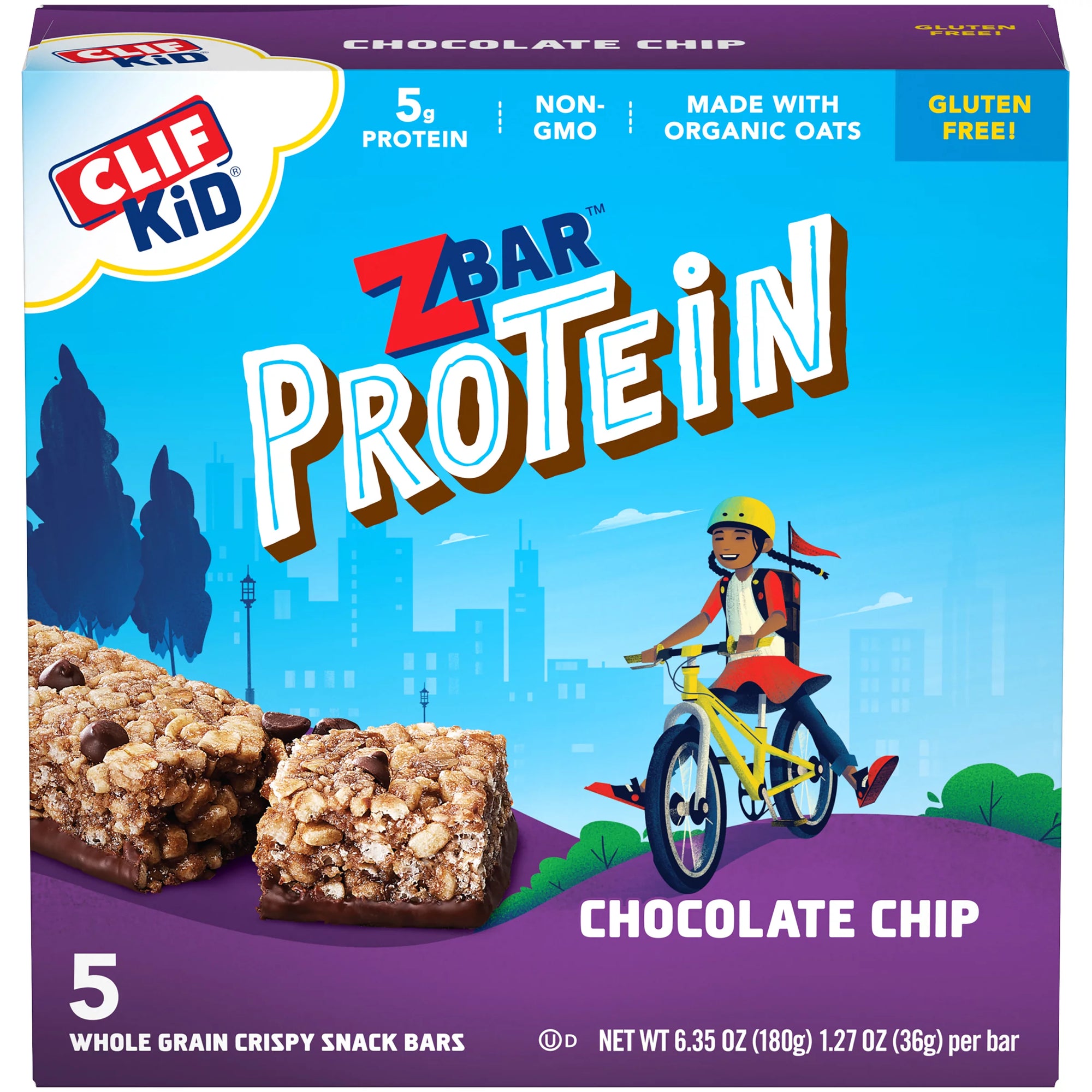 Clif Kid ZBar Protein Chocolate Chip Whole Grain Crispy Snack Bars, 5 Ct