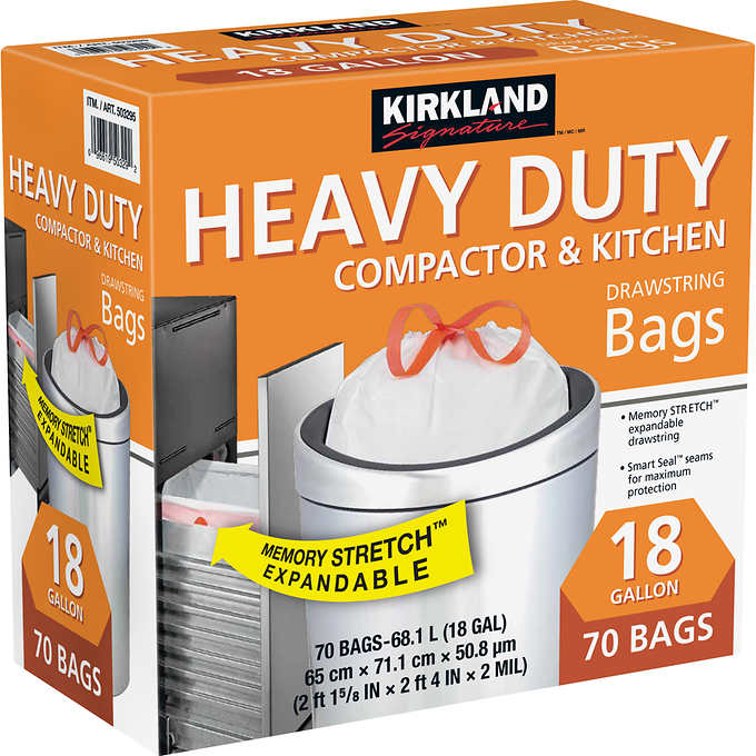 Kirkland Signature Heavy Duty Compactor & Kitchen Drawstring Bags, 70 Ct