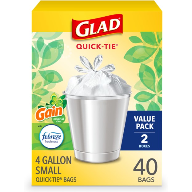 Glad Small Trash Bags, 4 Gallon, Gain Original Scent, Febreze Freshness, Quick Tie, 40 Ct