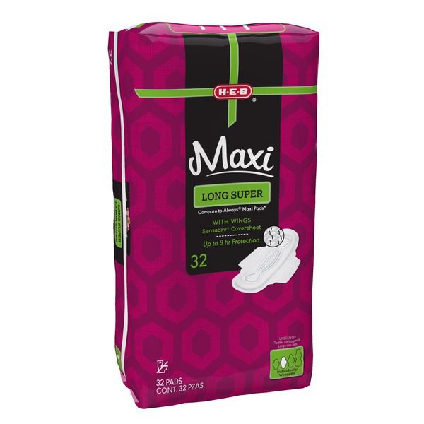 H‑E‑B Maxi Super Long Pads With Wings, 32 Ct