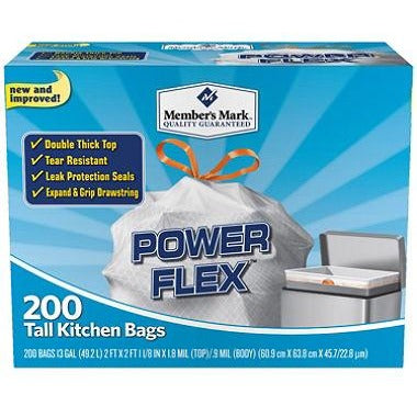 Member's Mark Power Flex Garbage Bags 13 Gal 200 Ct